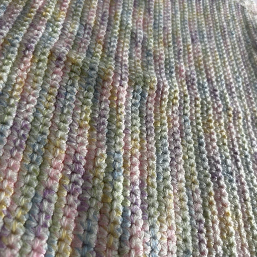 Vintage Cream Pastel Crochet Satin Weave Trim Baby Blanket Approx  25